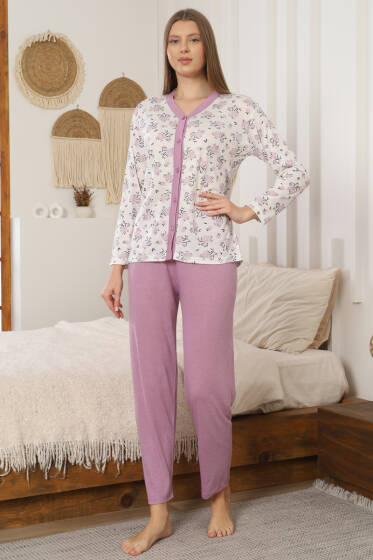Çiçek Nakışlı Düğmeli Pijama Takımı Lila - Pijama