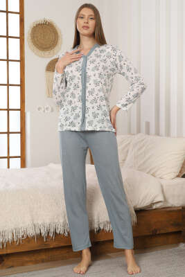 Çiçek Nakışlı Düğmeli Pijama Takımı Mint - GLİSA