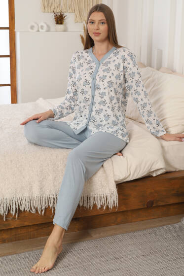 Çiçek Nakışlı Düğmeli Pijama Takımı Su Yeşili - Pijama