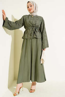 Çiçek Nakışlı Etekli İkili Takım Haki - TABLO FASHİON