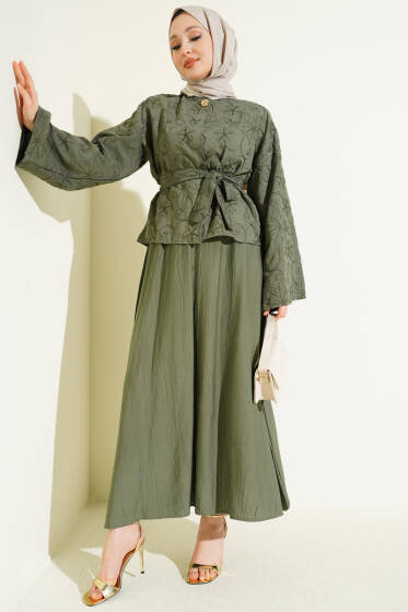 Çiçek Nakışlı Etekli İkili Takım Haki - İkili Takım