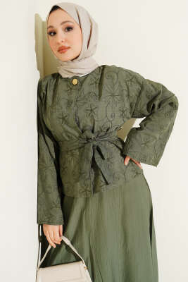 Çiçek Nakışlı Etekli İkili Takım Haki - İkili Takım