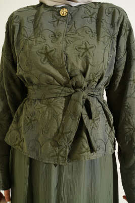 Çiçek Nakışlı Etekli İkili Takım Haki - İkili Takım