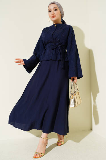 Çiçek Nakışlı Etekli İkili Takım Lacivert - İkili Takım