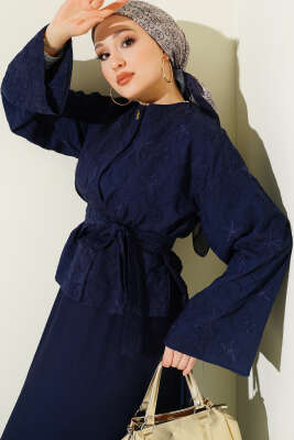 Çiçek Nakışlı Etekli İkili Takım Lacivert - İkili Takım