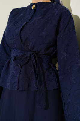 Çiçek Nakışlı Etekli İkili Takım Lacivert - İkili Takım