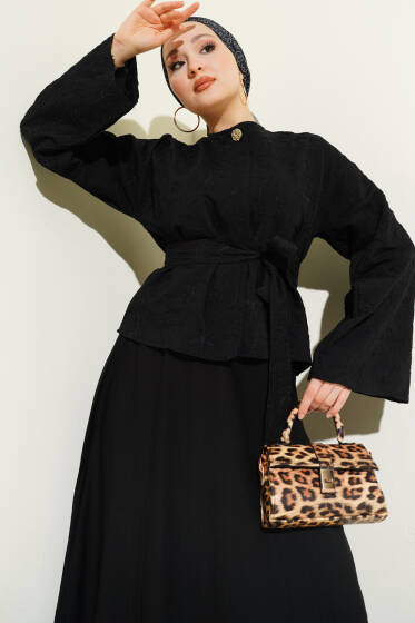 Çiçek Nakışlı Etekli İkili Takım Siyah - İkili Takım