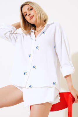 Çiçek Nakışlı Gömlek Beyaz - LUSTRİN