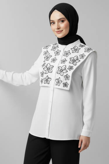 Çiçek Nakışlı Hakim Yaka Gömlek Beyaz - Gömlek