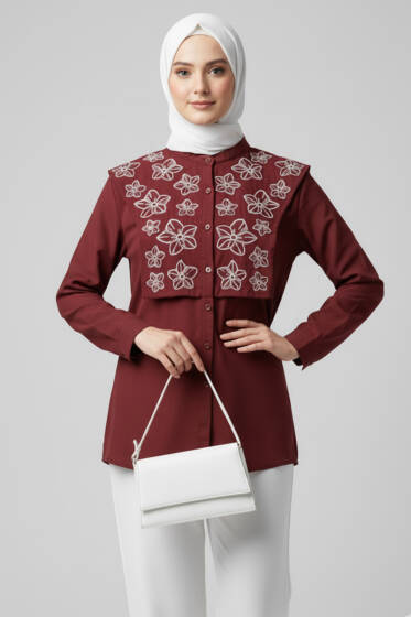 Çiçek Nakışlı Hakim Yaka Gömlek Bordo - Gömlek