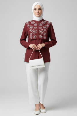 Çiçek Nakışlı Hakim Yaka Gömlek Bordo - Gömlek