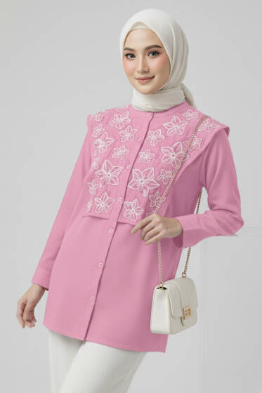 Çiçek Nakışlı Hakim Yaka Gömlek Pembe - 500-700 TL Ürünler