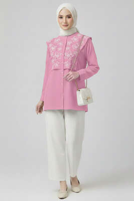 Çiçek Nakışlı Hakim Yaka Gömlek Pembe - Gömlek