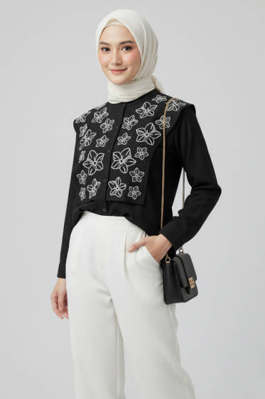 Çiçek Nakışlı Hakim Yaka Gömlek Siyah - Gömlek