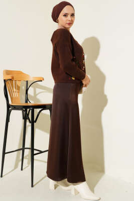 Çiçek Nakışlı İnci Düğmeli Triko Hırka Kahve - Triko Hırka