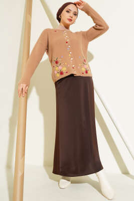 Çiçek Nakışlı İnci Düğmeli Triko Hırka Latte - Triko Hırka