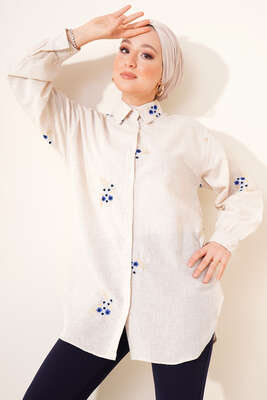 Çiçek Nakışlı Keten Gömlek Bej - DESTİNA