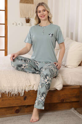 Çiçek Nakışlı Kısa Kol Pijama Takımı Mint - IŞILAY