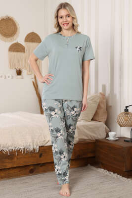 Çiçek Nakışlı Kısa Kol Pijama Takımı Mint - Pijama