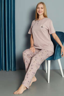 Çiçek Nakışlı Kısa Kol Pijama Takımı Pudra - Kadın Pijama Takımı