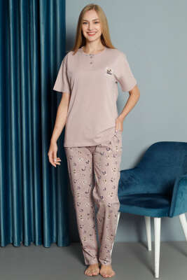 Çiçek Nakışlı Kısa Kol Pijama Takımı Pudra - Kadın Pijama Takımı