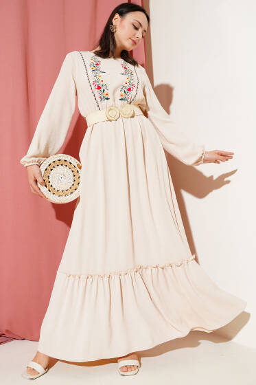 Çiçek Nakışlı Kolu Lastikli Elbise Bej - Elbise
