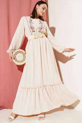 Çiçek Nakışlı Kolu Lastikli Elbise Bej 