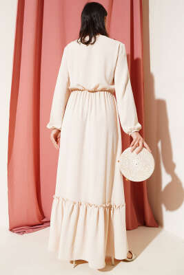 Çiçek Nakışlı Kolu Lastikli Elbise Bej - Tesettür Elbise