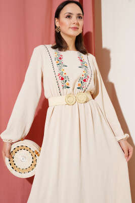 Çiçek Nakışlı Kolu Lastikli Elbise Bej - Tesettür Elbise