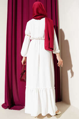 Çiçek Nakışlı Kolu Lastikli Elbise Beyaz - Tesettür Elbise