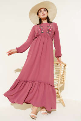 Çiçek Nakışlı Kolu Lastikli Elbise Gül Kurusu - Tesettür Elbise