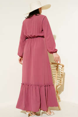 Çiçek Nakışlı Kolu Lastikli Elbise Gül Kurusu - Tesettür Elbise