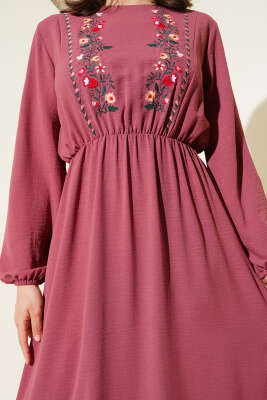 Çiçek Nakışlı Kolu Lastikli Elbise Gül Kurusu - Tesettür Elbise