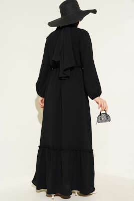 Çiçek Nakışlı Kolu Lastikli Elbise Siyah - Tesettür Elbise