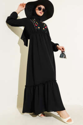 Çiçek Nakışlı Kolu Lastikli Elbise Siyah 