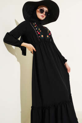 Çiçek Nakışlı Kolu Lastikli Elbise Siyah - Tesettür Elbise