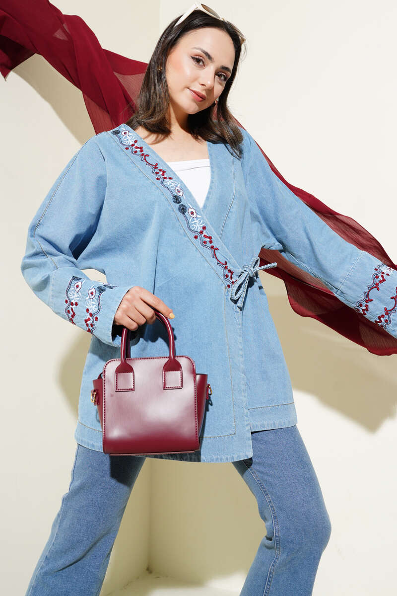 Çiçek Nakışlı Kot Kimono Kot Mavisi