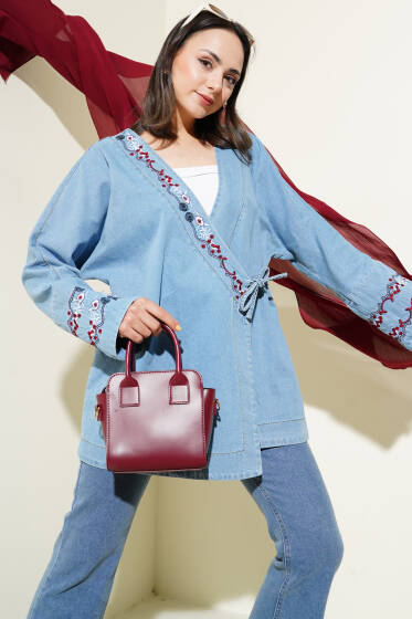 Çiçek Nakışlı Kot Kimono Kot Mavisi - Dış Giyim&Mont