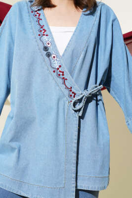 Çiçek Nakışlı Kot Kimono Kot Mavisi - Dış Giyim&Mont