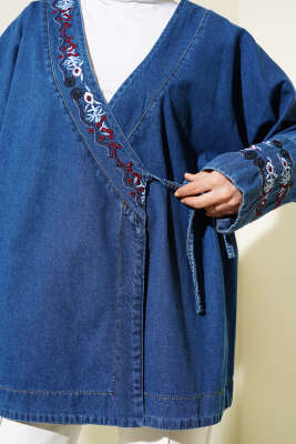Çiçek Nakışlı Kot Kimono Mavi - Dış Giyim&Mont