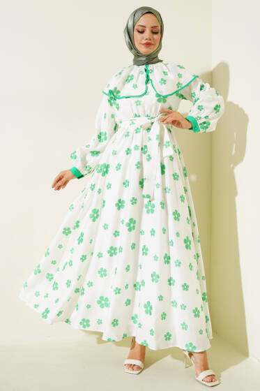 Çiçek Nakışlı Kuşaklı Elbise Yeşil - Elbise