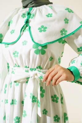 Çiçek Nakışlı Kuşaklı Elbise Yeşil - Tesettür Elbise