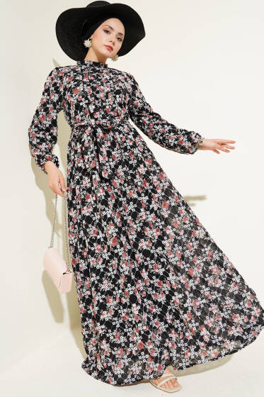 Çiçek Nakışlı Kuşaklı Şifon Elbise Siyah - Elbise