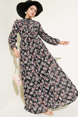 Çiçek Nakışlı Kuşaklı Şifon Elbise Siyah - FASHİON FOX