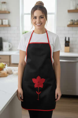 Çiçek Nakışlı Mutfak Önlüğü Siyah - MAHİR HAVLU