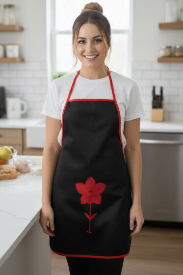 Çiçek Nakışlı Mutfak Önlüğü Siyah - Mutfak Önlüğü