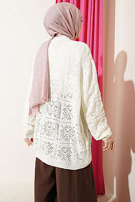 Çiçek Nakışlı Örgü Triko Hırka Ekru - Hırka