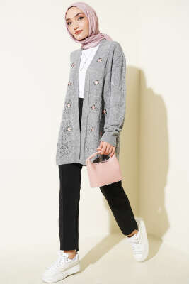 Çiçek Nakışlı Örgü Triko Hırka Gri - Hırka