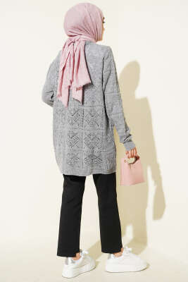 Çiçek Nakışlı Örgü Triko Hırka Gri - Hırka