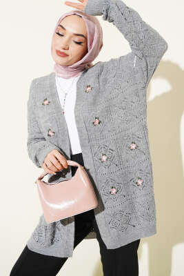 Çiçek Nakışlı Örgü Triko Hırka Gri - VANİZA TRİKO